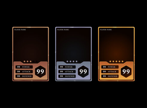set of fantasy medieval trading card template player and club name details for game and sports with bronze, silver and gold tier rank