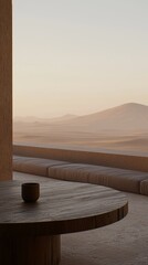 Fototapeta premium Serene Villa in Desert Landscape with Modern Flat Design and Distant Mountains