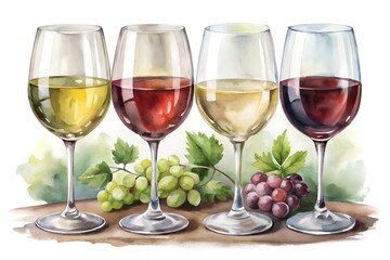 Naklejka premium Watercolor Painting of Wine Glasses with White and Red Wine Varieties