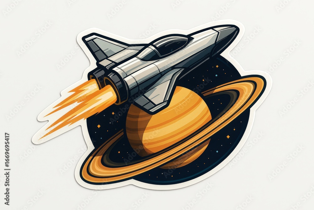 Poster futuristic spacecraft soaring toward saturn while bright flames erupt from its engines against a cos
