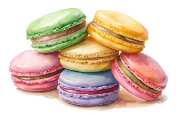 Fototapeta premium Watercolor Macaron Stack Colorful French Pastries in a Delicate Painting Style