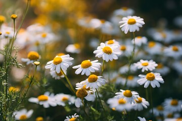 Fototapeta premium Chamomile flowers with white petals and yellow centers in a natural herb garden.