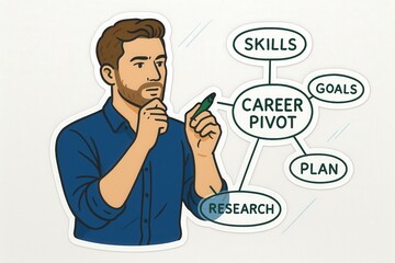 Engaged male contemplating career transition strategies illustrated through dynamic mind map concepts emphasizing skills goals research and thoughtful planning methodologies