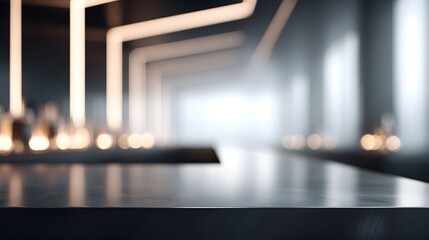 blurred image of a minimalist futuristic cocktail bar illuminated with thin diagonal neon lights across black polished counters