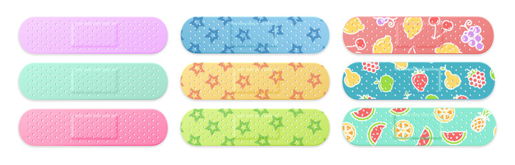 Realistic Detailed 3d Colored Kid Aid Band Plaster Medical Patch Set with Star and Fruit Print. Vector illustration of Adhesive Bandage