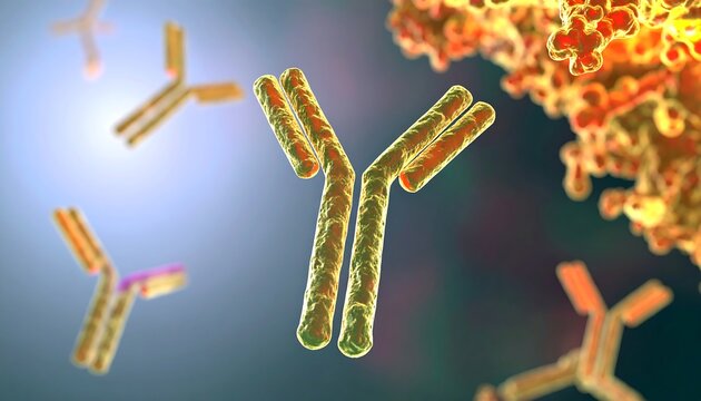 Microscopic view of a Y-shaped antibody molecule binding to a larger antigen