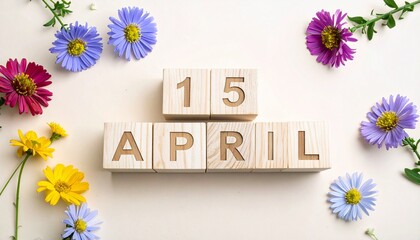 Wooden Blocks with Date 15 April. Floral Calendar – Vibrant Flowers on Solid Colored Background