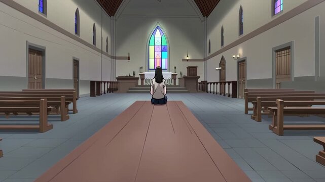 cartoon lonely woman sitting on a bench in the church animation, view from the back (2)
