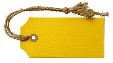 Yellow price tag with string — blank hang label isolated on transparent background, high-resolution PNG cutout for retail pricing, gift wrapping, packaging mockups, branding design, e-commerce product