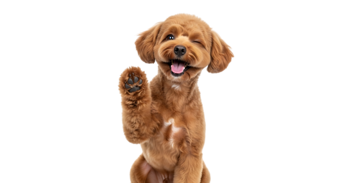 Adorable fluffy brown dog winking and waving paw with happy expression isolated on a transparent background