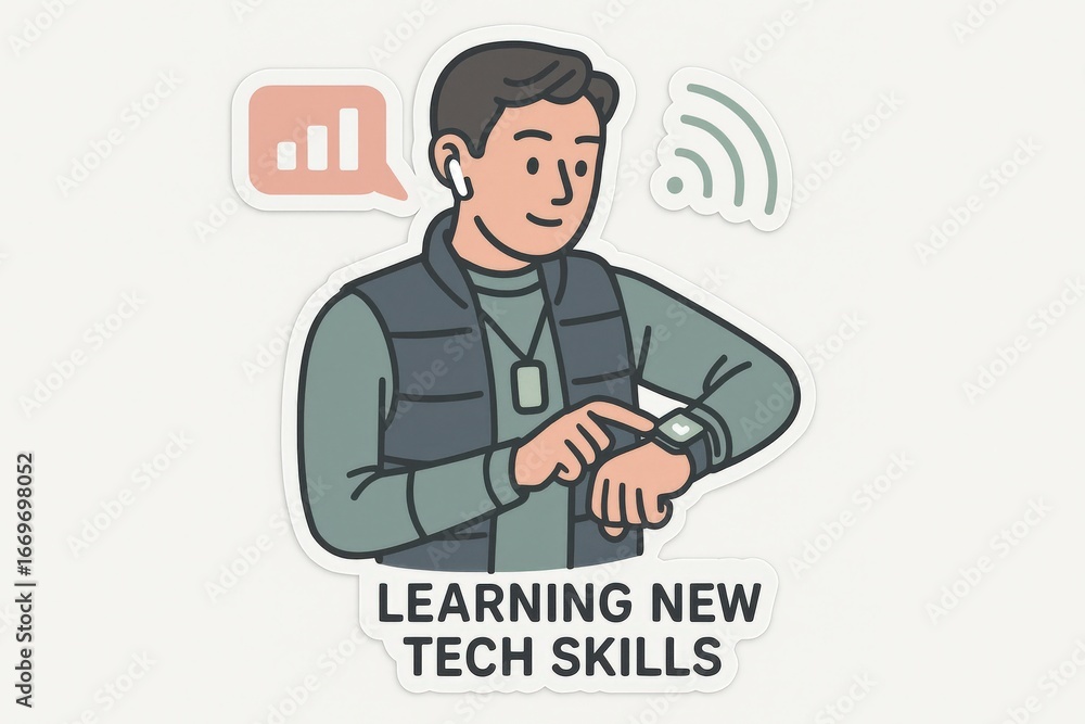 Poster a young man engaging with smart technology while wearing wireless earbuds and looking at data analyt
