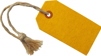 Yellow price tag with string — blank hang label isolated on transparent background, high-resolution PNG cutout for retail pricing, gift wrapping, packaging mockups, branding design, e-commerce product