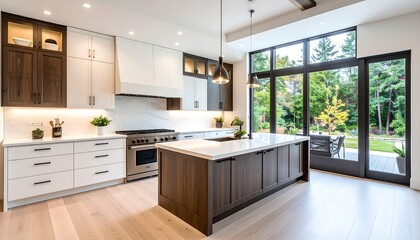Modern kitchen with large island, white and dark wood cabinets, and expansive patio doors overlooking a garden