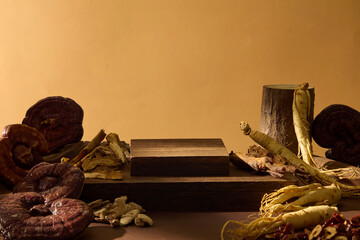 Front view of sliced wood, ginseng, and mushrooms arranged carefully, emphasizing harmony between...