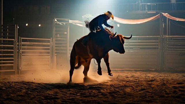 Silhouetted rodeo bull rider in dramatic dust-filled arena lighting