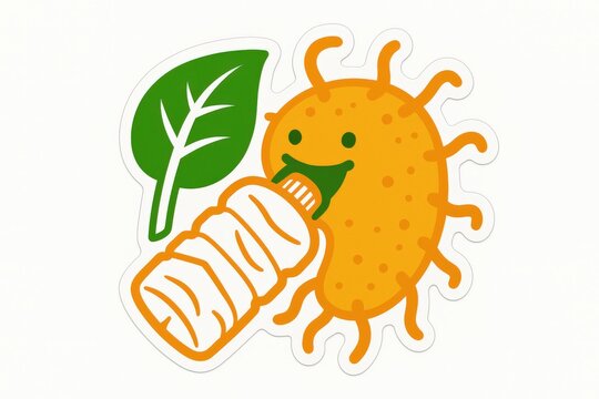 Playful cartoon-style character representing bacteria happily consuming a snack while surrounded by a vibrant green leaf symbolizing health, showcasing creativity in microbial concepts and