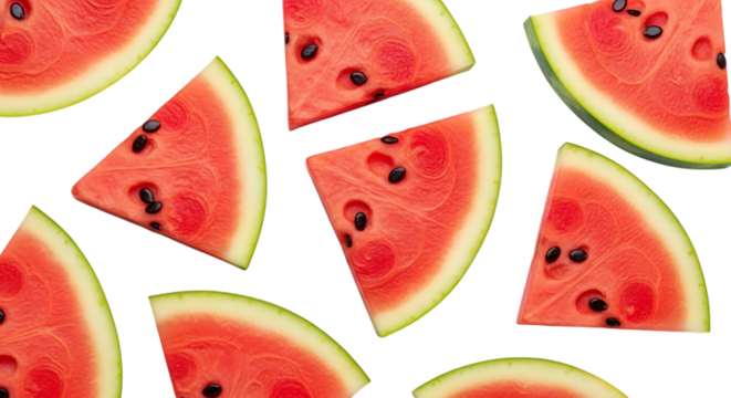Slices of ripe red watermelon with black seeds and green rind isolated on a transparent background fruit
