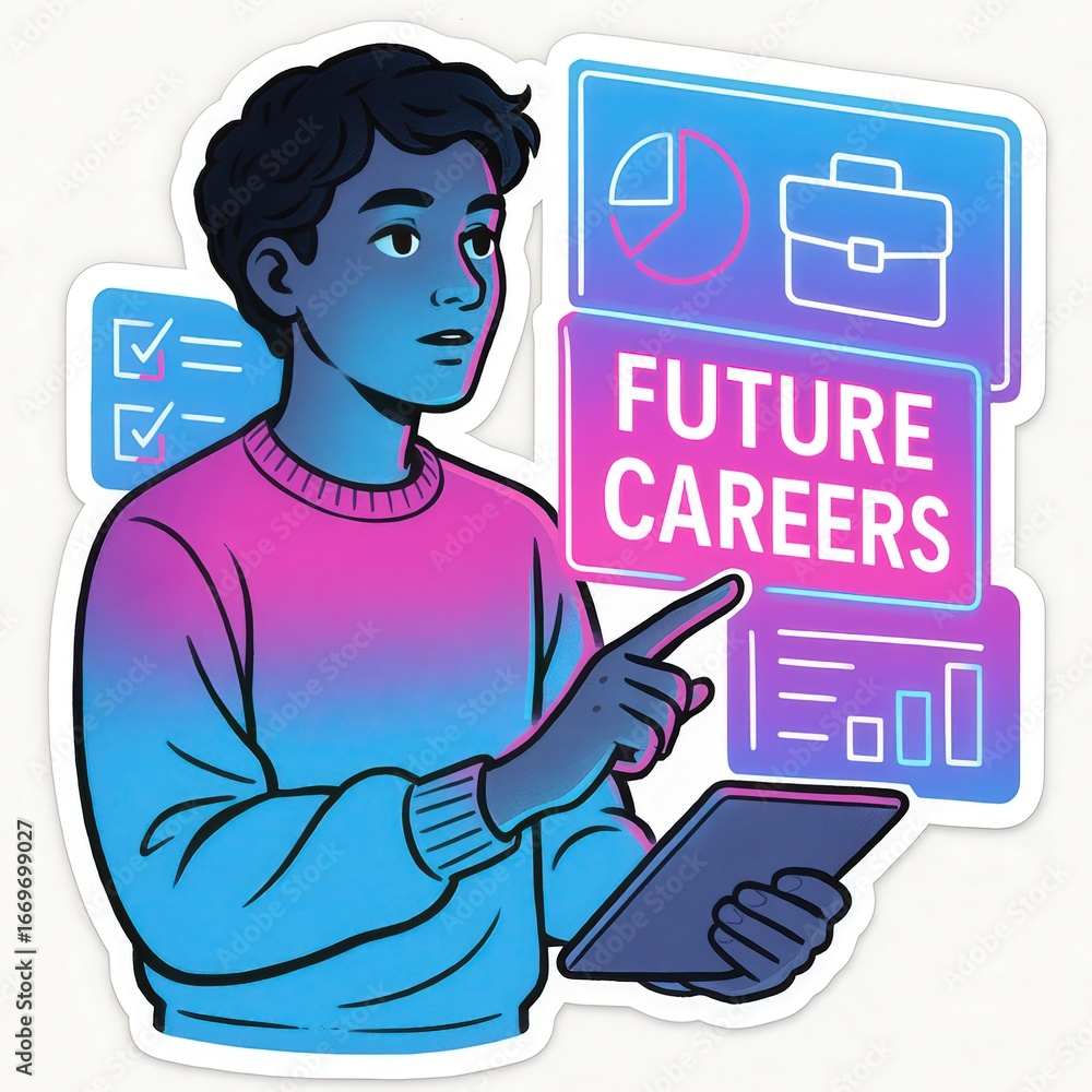 Aufkleber a young individual analyzing career options and technological trends through innovative visual inter