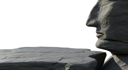 Close up of a stone carving profile with textured surface and flat stone platform isolated on a transparent background