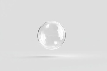 Floating sphere clear orb hovers slightly above a plain surface, lit softly. Minimalist, clean composition, emphasizing transparency and light reflection