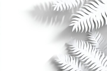 Paper-cut fern fronds cast delicate shadows on a clean white background, creating a minimalist, elegant, and serene aesthetic