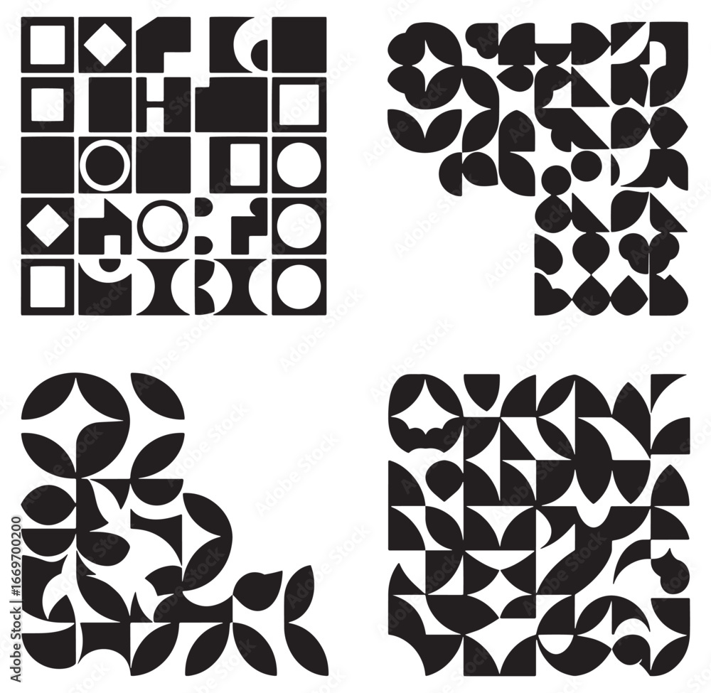 Poster Abstract black and white geometric patterns arranged in four unique square compositions