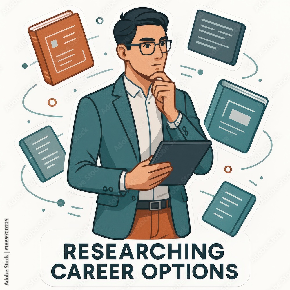Poster engaged professional contemplating diverse career pathways while utilizing digital resources and ana