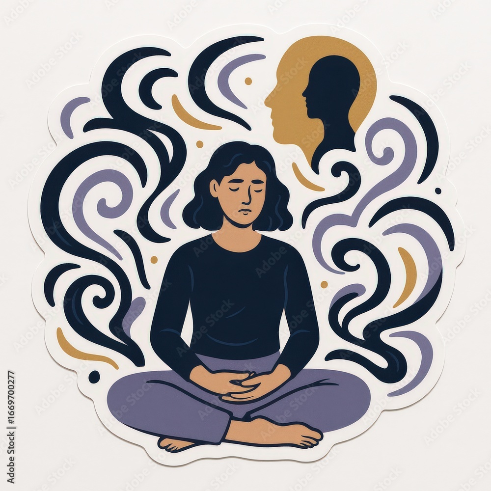 Poster individual meditating in a serene environment surrounded by swirling abstract patterns symbolizing i