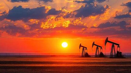 Fototapeta premium Oil drilling derricks in desert showing price changes concept. Silhouettes of oil pumps at sunset against a vibrant sky.