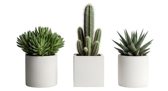 Three potted succulents and a columnar cactus in white planters isolated on a transparent background