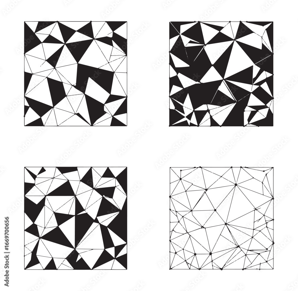 Poster abstract geometric design compositions of black and white triangles with linear connections