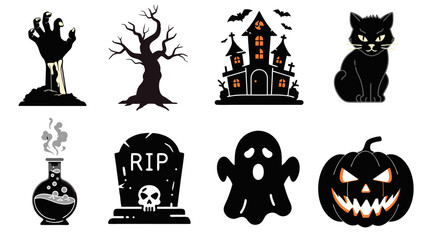 5. Set of Spooky Halloween Icons Featuring Ghosts, Haunted House, and Pumpkin