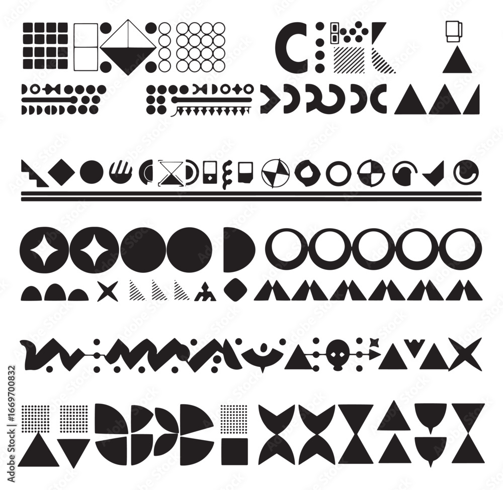 Poster abstract geometric shapes and symbols in black and white arranged in rows