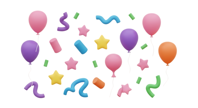 Pink purple yellow orange balloons and confetti streamers celebration elements isolated on a transparent background