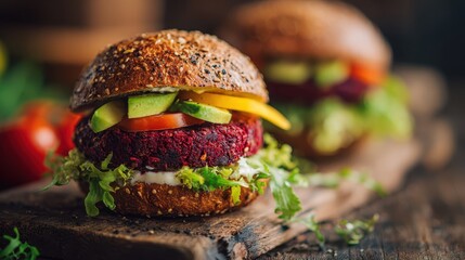 Vegan beetroot burger with avocado, tomato, lettuce, and whole grain bun – healthy plant-based sandwich, vegetarian food and clean eating concept