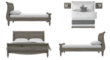 Four views of a grey wooden sleigh bed with white bedding and pillows isolated on a transparent background