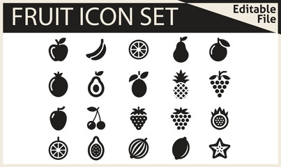 Naklejka premium Food fruits glyph icon set. Vector pictograms of banana, strawberry, pineapple, watermelon, grapes, mango, blueberries, peach, cherry, lemon, avocado, pear, kiwi, black sign silhouette illustration