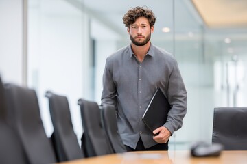 Nervous young man entering modern meeting room holding laptop. Serious real-life office moment with empty chairs in clean corporate setting.