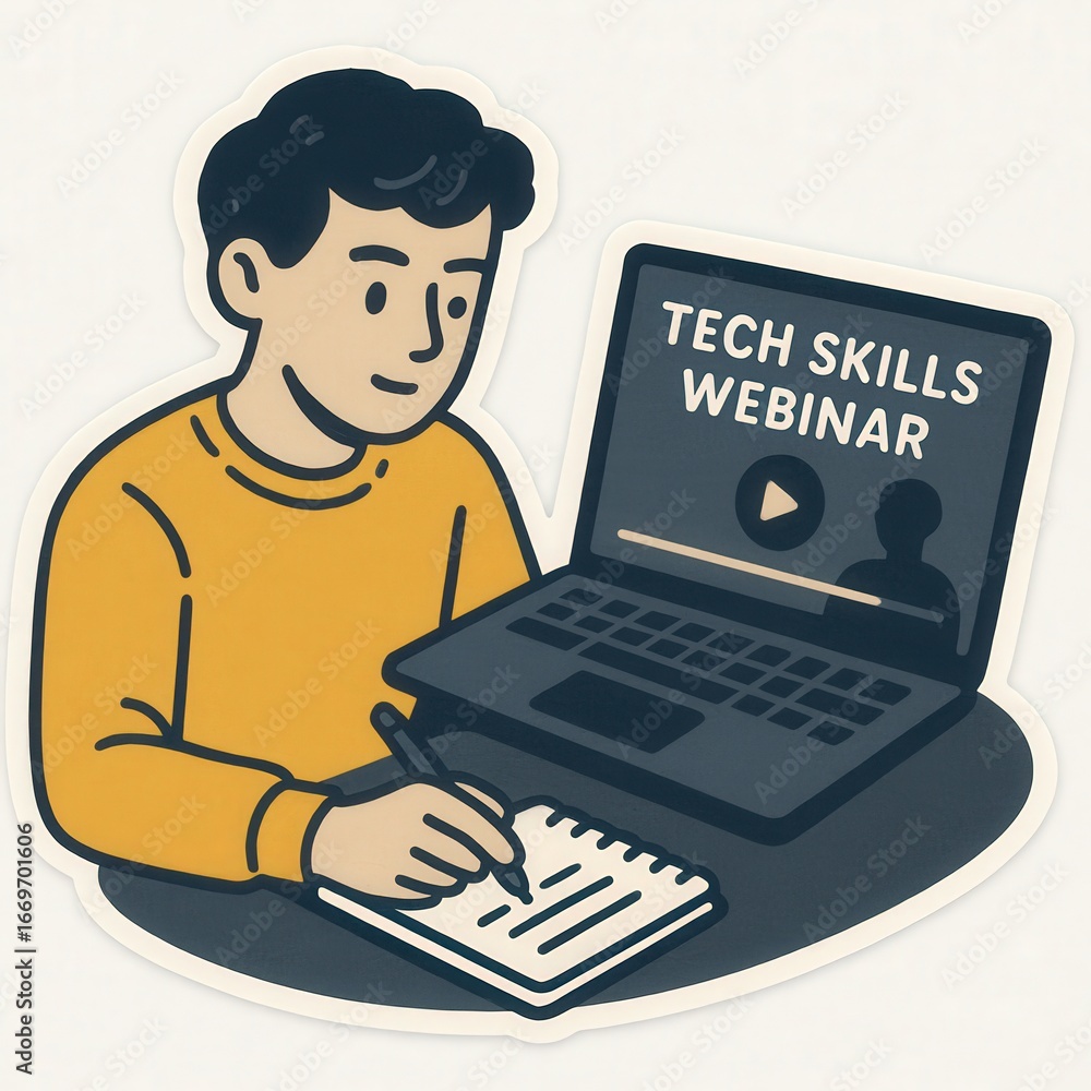 Poster engaging young man participating in a dynamic tech skills webinar while taking notes on a notepad us
