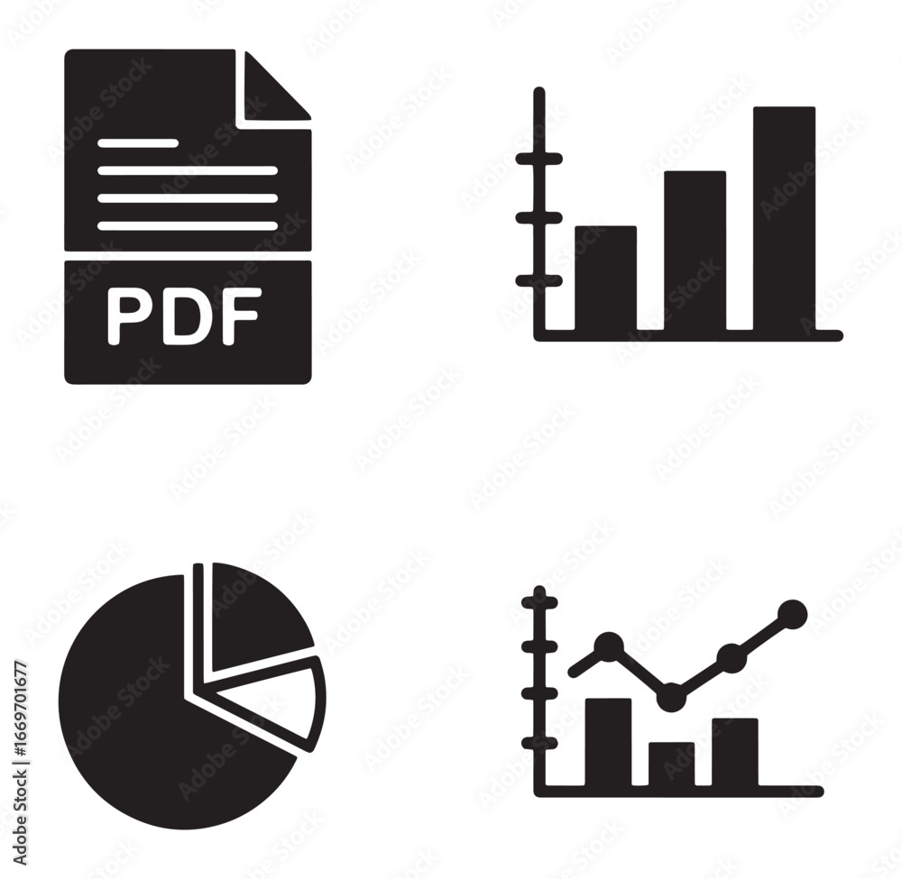Poster collection of black and white icons representing data analysis and file management elements