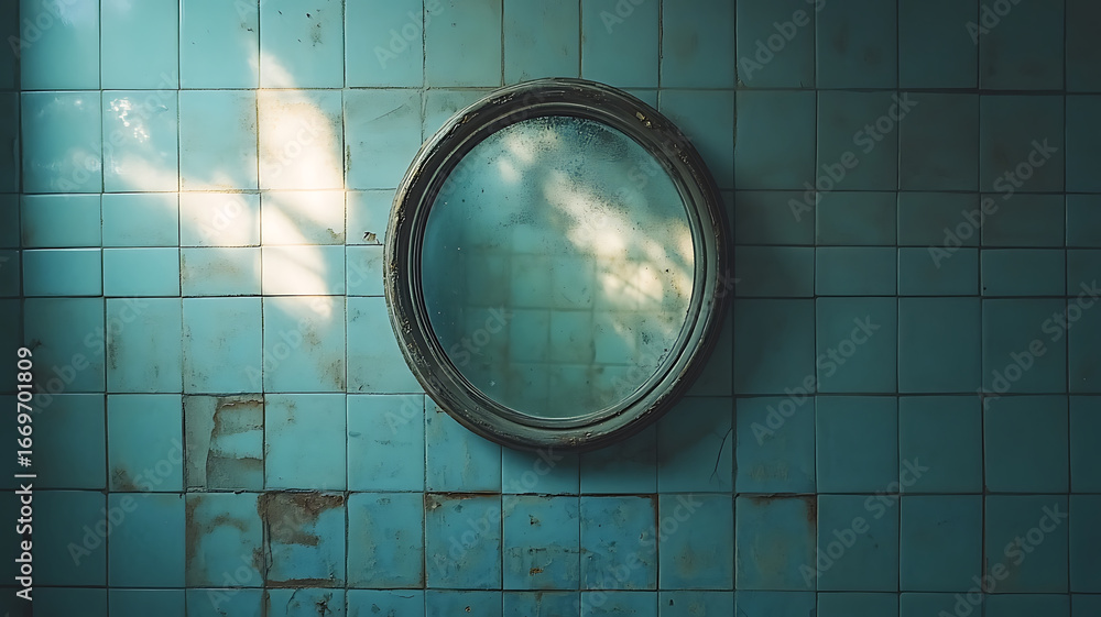 Poster round mirror hangs on blue tiled wall, reflecting soft light and creating serene atmosphere. aged ti