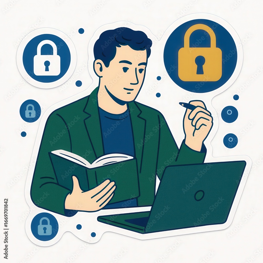 Poster engaging male professional leveraging digital security while consulting from a laptop exploring data
