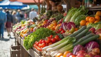 A closeup view of a market stall filled with a variety of fruits, including apples, oranges, and tomatoes, with a prominent sign for world food day on october 16th, highlighting global food awareness