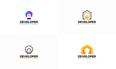 Set of House electricity logo designs concept vector, Idea bulb and House logo template designs
