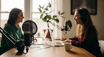 Two women wearing headphones recording a podcast in a home studio with microphones and laptops