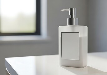 Obraz premium Minimalist white dispenser bottle on a clean surface