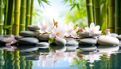 Serene scene of white blossoms resting on grey stones near tranquil water, framed by bamboo stalks