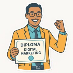 Enthusiastic professional proudly holding a digital marketing diploma showcasing achievement and modern educational pathways symbolizing optimism and career progression in the digital landscape