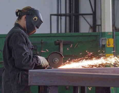 Woman grinding metal in industrial workshop