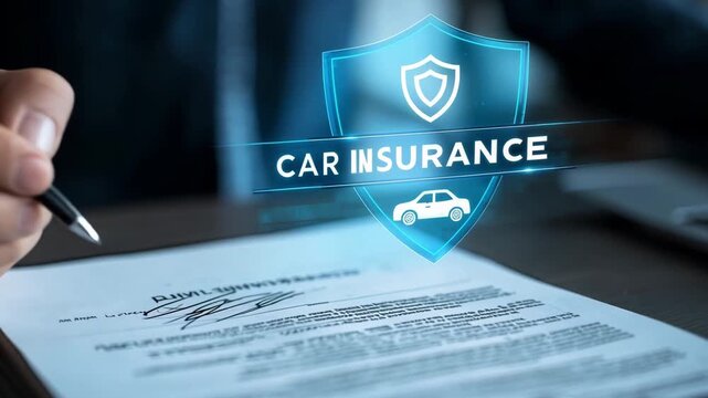 A businessman is completing the signing process on a car insurance contract while engaging with digital graphics signifying coverage and security